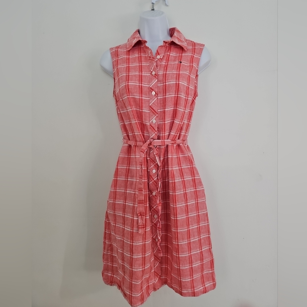 Tommy Hilfiger Sleeveless Peach Orange Plaid Button-Down Shirt Dress Size 2 Belt